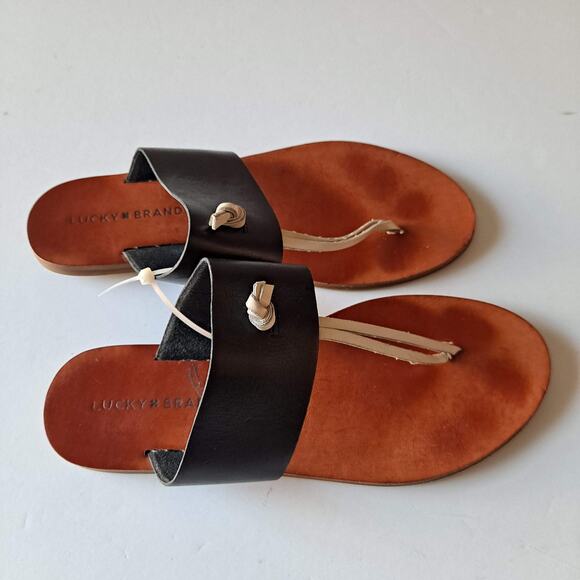Lucky Brand Ari Black Leather White Knot Slide Thong Flat Sandals - Size 8M - Picture 6 of 10
